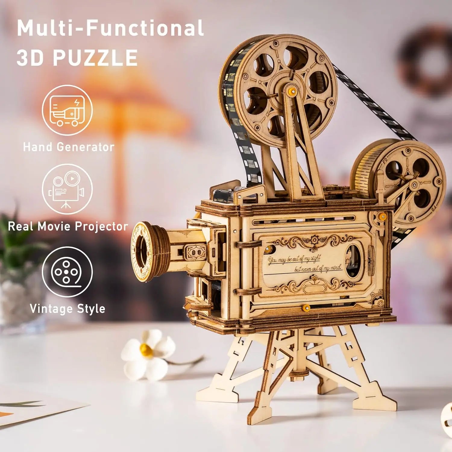 Wooden model of a movie projector with 'Multi-Functional 3D PUZZLE' text and features listed.