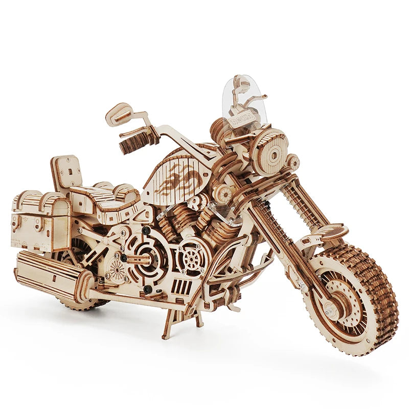 Wooden motorcycle model on a white background
