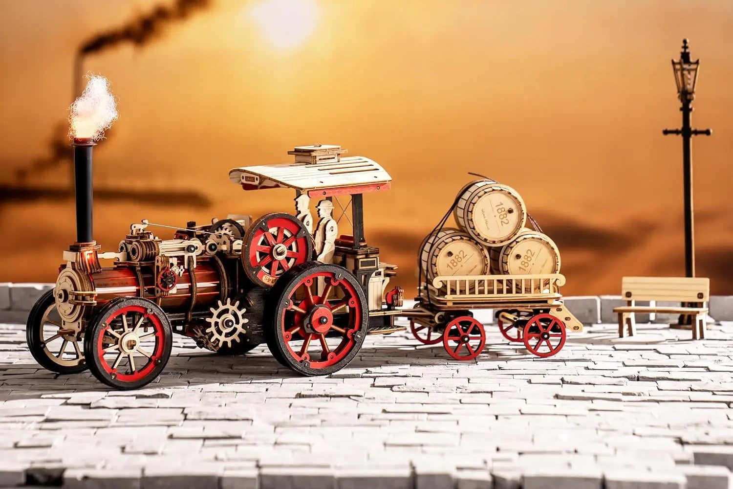 18th Steam Locomotive 3D puzzle with a sunset background