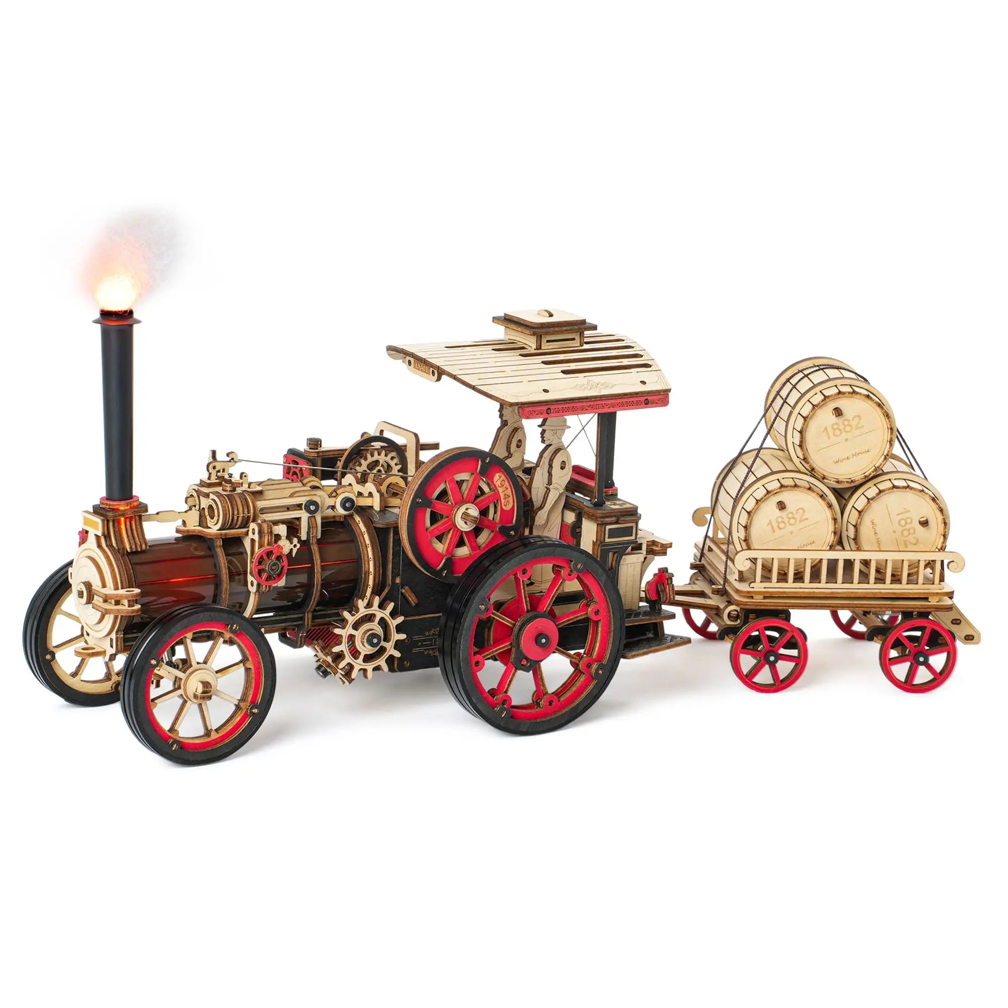 Wooden model of a steam engine with red wheels on a white background