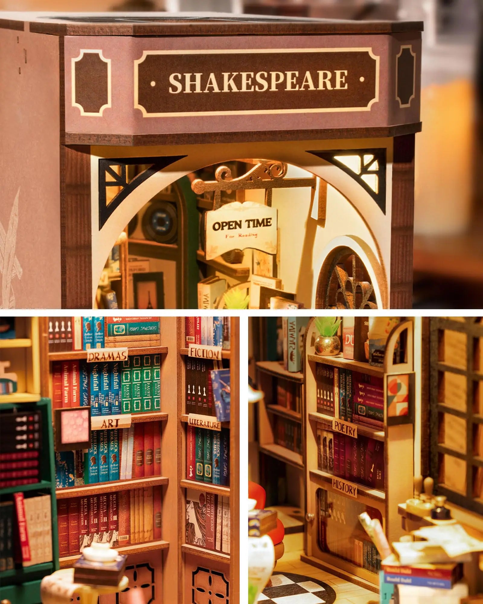 Wooden bookshelf with 'Shakespeare' on top, displaying books and a clock.
