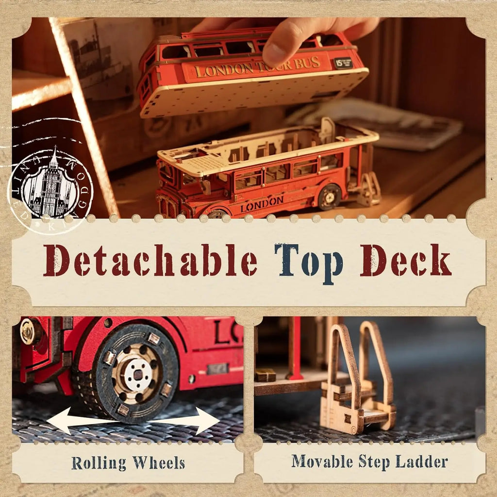 Wooden model of a London bus with detachable top deck, rolling wheels, and movable step ladder on a textured background.