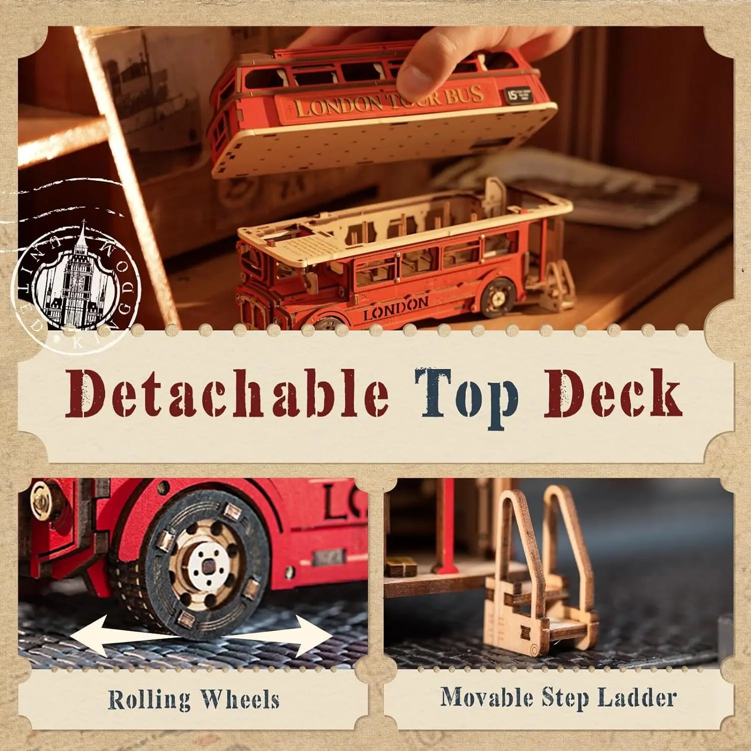 Wooden model of a London bus with detachable top deck, rolling wheels, and movable step ladder on a textured background.