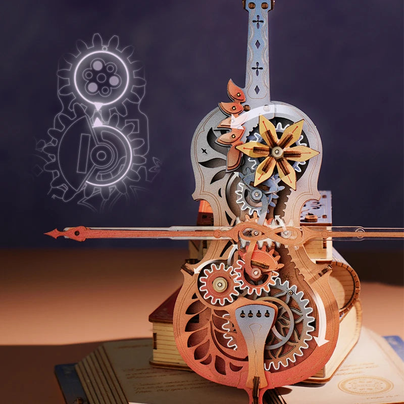 Wooden mechanical model with gears on a dark background