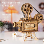 Wooden model of a movie projector with 'Multi-Functional 3D PUZZLE' text and features listed.
