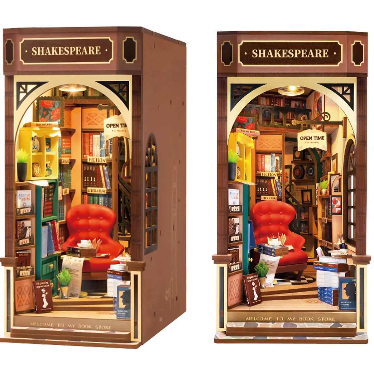 Shakespeare-themed bookshelf with a red armchair and books inside, on a white background.