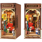 Shakespeare-themed bookshelf with a red armchair and books inside, on a white background.
