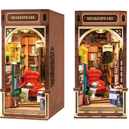 Shakespeare-themed bookshelf with a red armchair and books inside, on a white background.