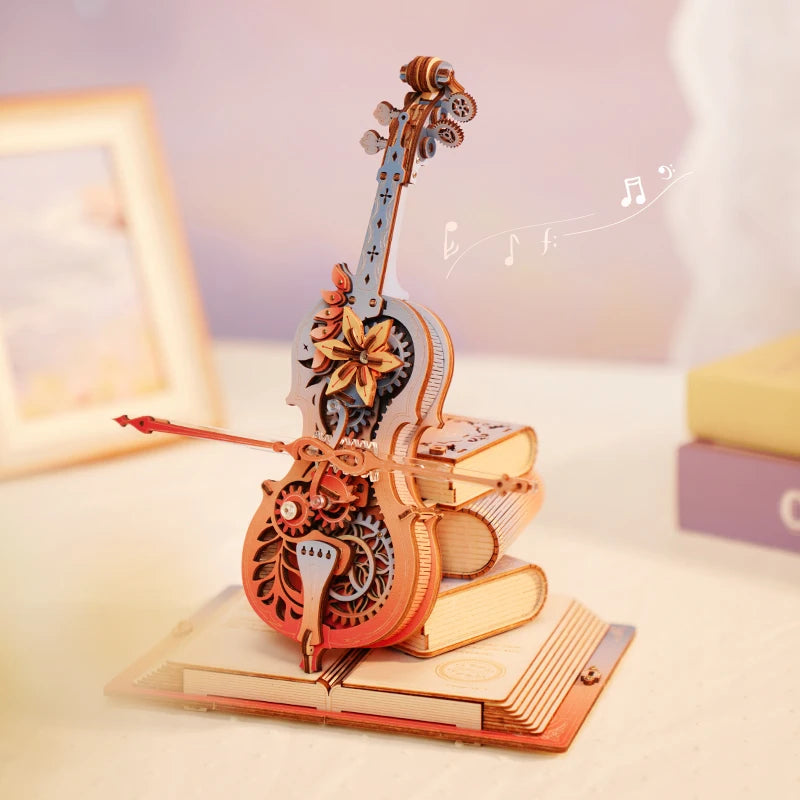 Wooden model of a violin with intricate details on a light surface