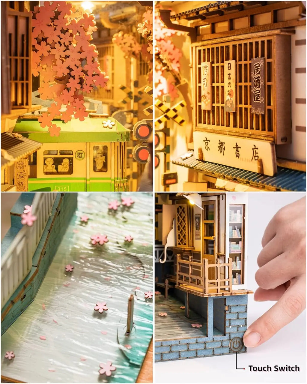 Collage of a detailed model of a traditional Japanese building with cherry blossoms and a hand touching it.
