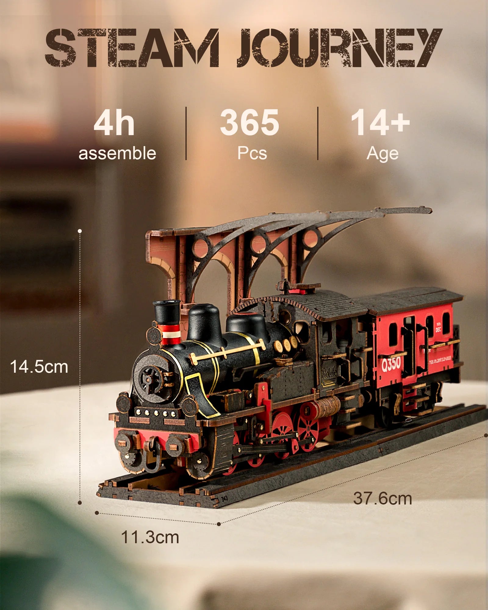 Steam train model with assembly time, piece count, and age recommendation displayed.