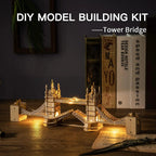 Model of Tower Bridge with packaging on a wooden surface
